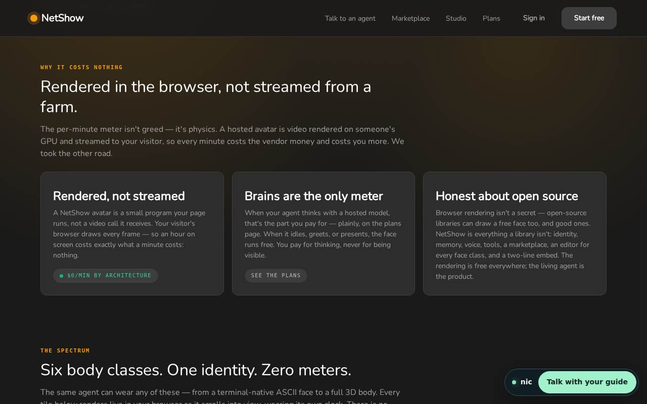 The Alive page section "Rendered in the browser, not streamed from a farm": rendered not streamed, brains are the only meter, honest about open source