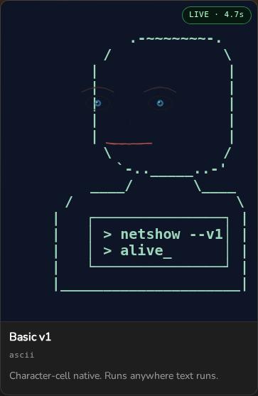 The ASCII tile on the Alive page: a face drawn in text characters above a small terminal prompt