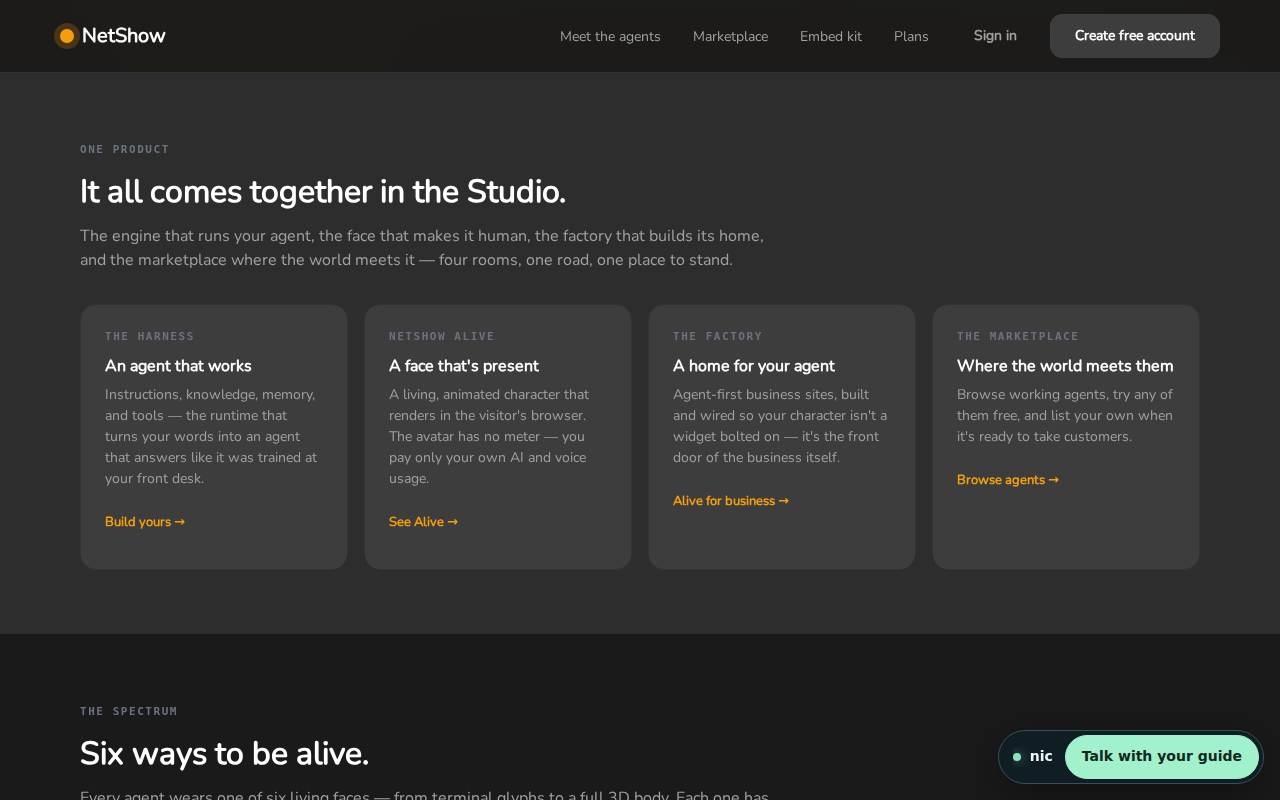 The Studio page's four rooms: the harness, NetShow Alive, the factory and the marketplace