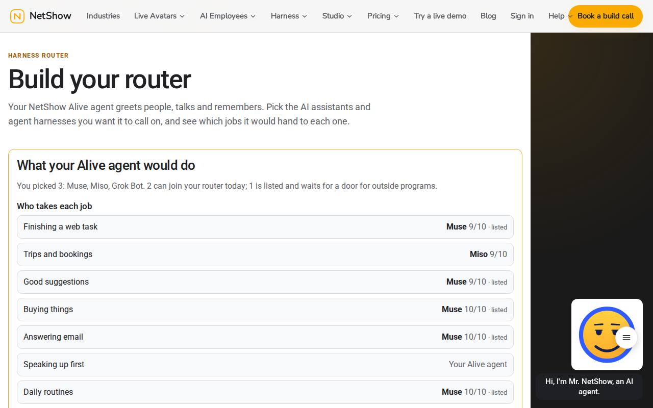 Build your router: three harnesses picked and the job each one would take, with its benchmark score.