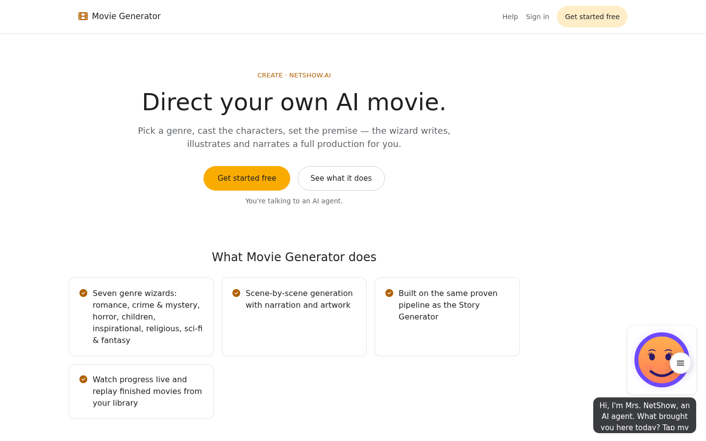 The Movie Generator page: Direct your own AI movie. With seven genre wizards, scene by scene generation with narration and artwork, and a movie library.
