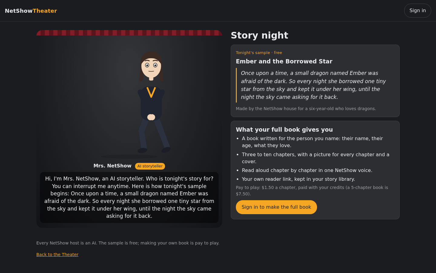 Story night on the NetShow Theater: Mrs. NetShow as a drawn character telling the sample Ember and the Borrowed Star, beside what your full book gives you and its price.